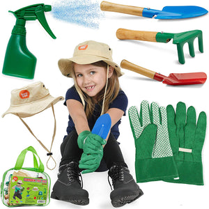 Born Toys Kids Gardening Set (6 pc),Garden Rake and Tools with Kids Gardening Gloves and Washable HAT Set for Real or Sand Gardening Water Sprayer Bag Included