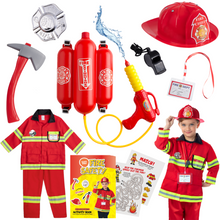 Load image into Gallery viewer, Born Toys Firefighter Costume for Kids Ages 3-7 w/ Pants &amp; Fireman Toys Includes Backpack Water Gun, Firefighter Hat, Toy Axe, 20 Page Activity Book-Dress Up &amp; Pretend Play as Fireman Costume