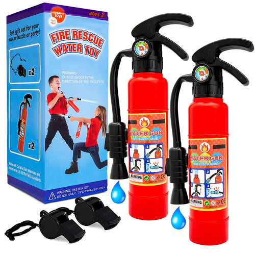 Toy fire extinguishers with Whistles 2 Pack.Shoots Real Water Great for Fireman Toys,Fireman Costume, Bath,Summer, Outdoor and Indoor Play,.