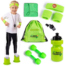 Load image into Gallery viewer, Born Toys 11pcs Kids Exercise Equipment Set for Kids Ages 3 &amp; Up, Kids Workout Equipment Set Includes Kids Weights, Bucket Stilts, Kids Gym Bag, Sweat Bands, Gym Water Bottle, Toddler Workout Costume