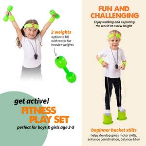 Born Toys 11pcs Kids Exercise Equipment Set for Kids Ages 3 & Up, Kids Workout Equipment Set Includes Kids Weights, Bucket Stilts, Kids Gym Bag, Sweat Bands, Gym Water Bottle, Toddler Workout Costume