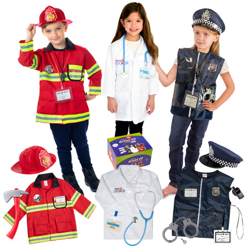 Born Toys Premium 16pcs Costume Dress up Set for Kids Ages 3-7 Fireman,Police Costume, and Doctor All Sets are Washable and Have Accessories