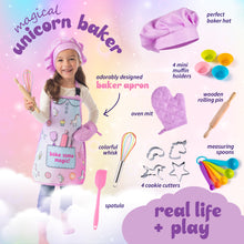 Load image into Gallery viewer, Born Toys Unicorn Kids Baking Sets for Girls Ages 5 &amp; Up, Kids Baking Kit Includes Kids Apron and Chef Hat Set w/ Oven Mitt Glove, Spatula, Rolling Pin, Whisk &amp; 3 Cookie Cutters - Toddler Baking Set