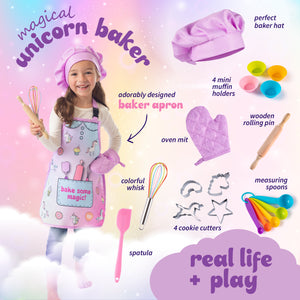 Born Toys Unicorn Kids Baking Sets for Girls Ages 5 & Up, Kids Baking Kit Includes Kids Apron and Chef Hat Set w/ Oven Mitt Glove, Spatula, Rolling Pin, Whisk & 3 Cookie Cutters - Toddler Baking Set